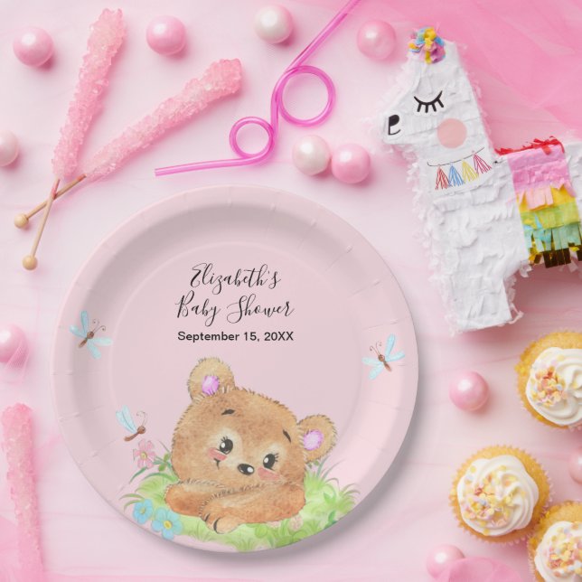 Assiettes En Carton Teddy Bear rose bébé fille Douche cadeau (Fête)