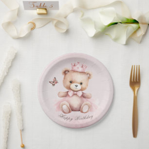 Assiettes En Carton Teddy Bear Rose Watercolor Girls Anniversaire
