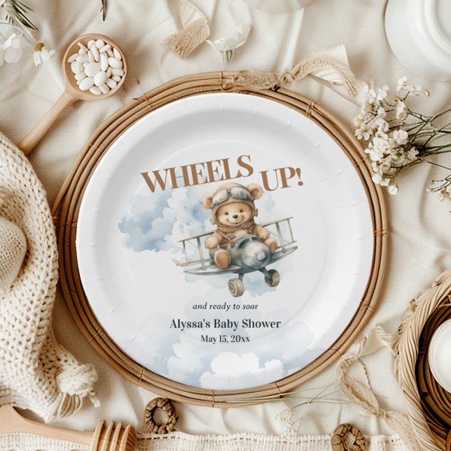 Assiettes En Carton Teddy Bear Roue vers le haut Petit Co Pilote (Wheels Up Little Co-Pilot Teddy Bear baby shower paper plate)