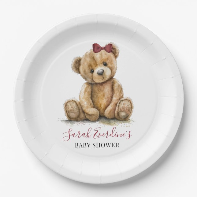 Assiettes En Carton Teddy Bear Watercolor Baby shower fille (Devant)