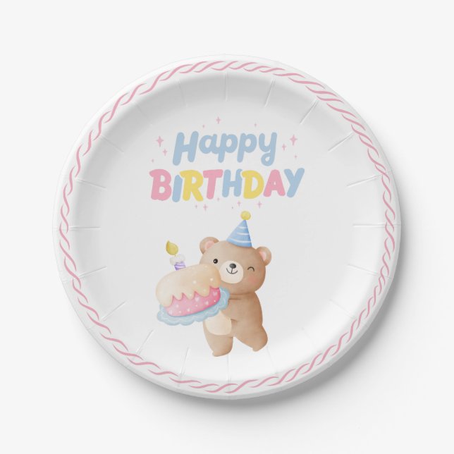 Assiettes En Carton Teddy Bear's Pink Pastel Bonne fête d'anniversaire (Devant)
