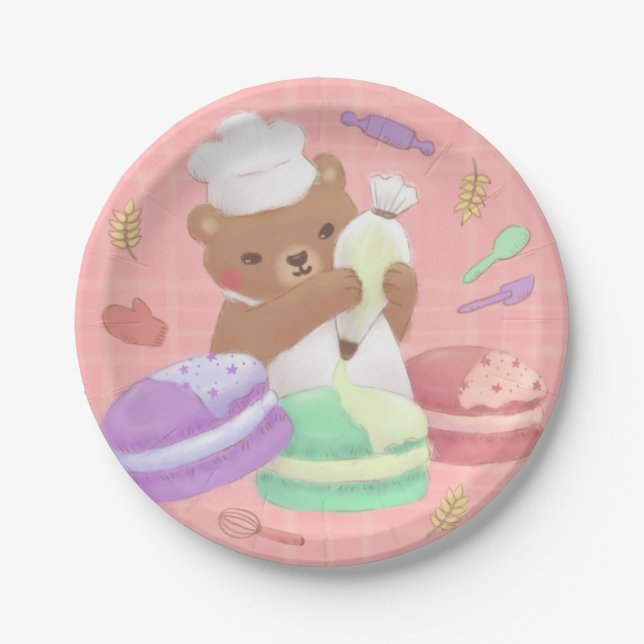 Assiettes En Carton Teddy le Baker avec Macarons (Devant)