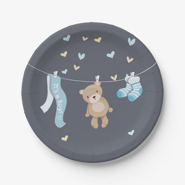 Assiettes En Carton Teddy Ours Baby shower Plaques en papier Garçon bl (Devant)