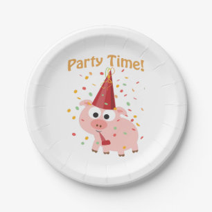 Assiettes En Carton Temps de fête Cartoon Cochon rose avec confetti e