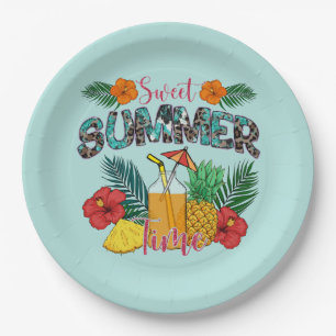 Assiettes En Carton Temps d'été doux Fruits tropicaux et fleurs