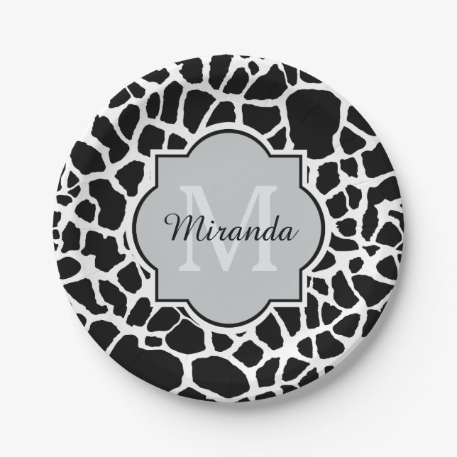 Assiettes En Carton Tendance Black White Giraffe Imprimer Nom Monogram (Devant)