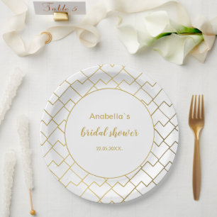 Assiettes En Carton Tendance Chic Géométrique Blanc Doré