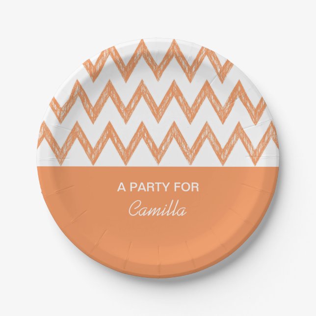 Assiettes En Carton Tendance Crayon Orange Chevron Zigzags Avec Nom (Devant)