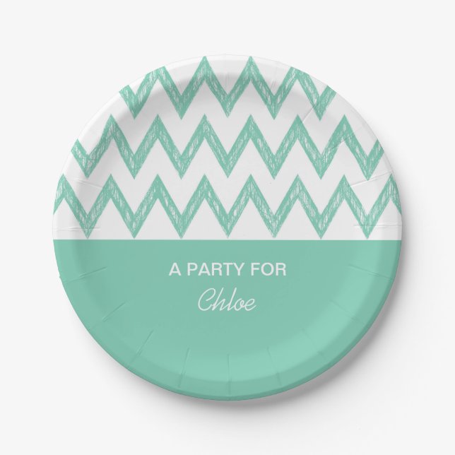 Assiettes En Carton Tendance Crayon Vert Chevron Zigzags Avec Nom (Devant)