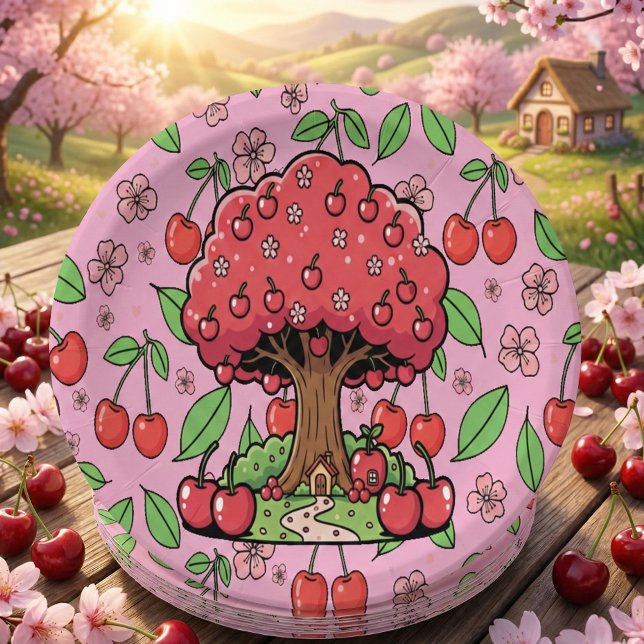 Assiettes En Carton Tendance Rouge Cerise Kawaii Style Fille Mignonne  (Créateur téléchargé)