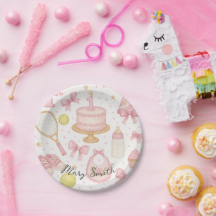 Assiettes En Carton Tennis 1er anniversaire pour bébé fille rose tonal