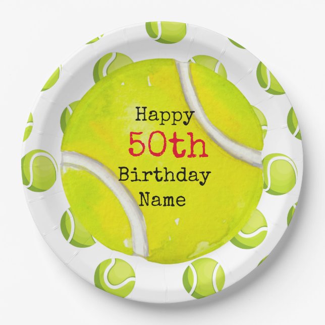 Assiettes En Carton Tennis 50e anniversaire avec balle de tennis et no (Devant)