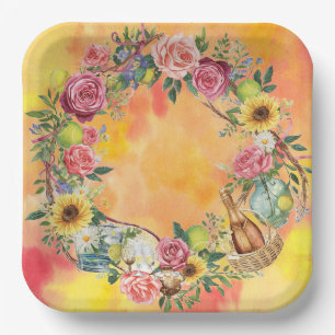 Assiettes En Carton Tennis Anniversaire avec Fleurs et boule aquarelle