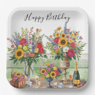 Assiettes En Carton Tennis Anniversaire avec Fleurs et boule aquarelle