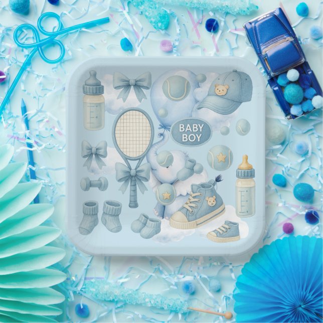 Assiettes En Carton Tennis Baby Shower for Baby Boy Blue themed (Fête)