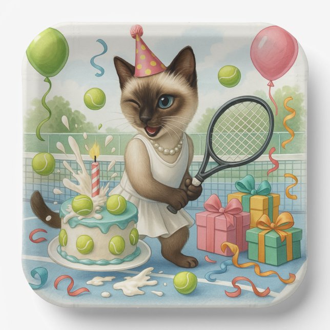 Assiettes En Carton Tennis Cat Paw-some Anniversaire (Recto)