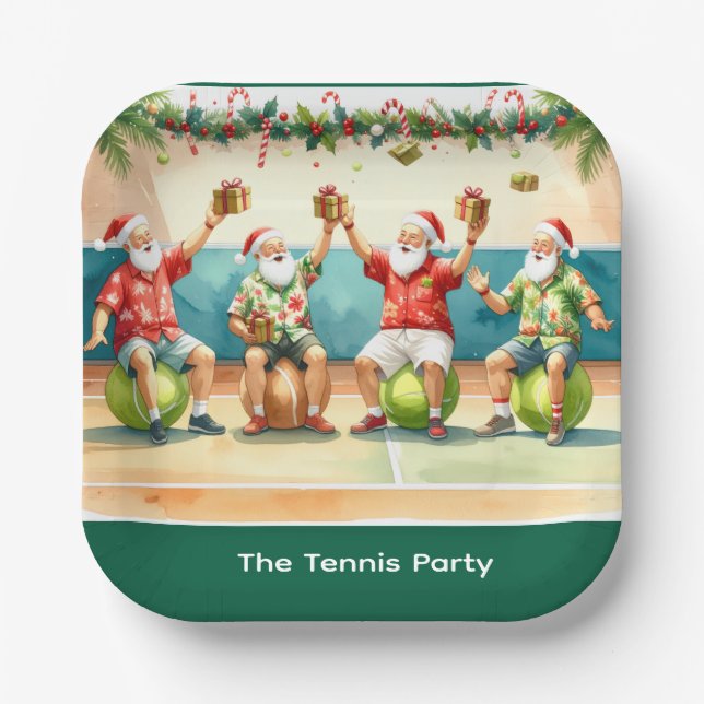 Assiettes En Carton Tennis Christmas Summer with Santa Claus at beach  (Recto)