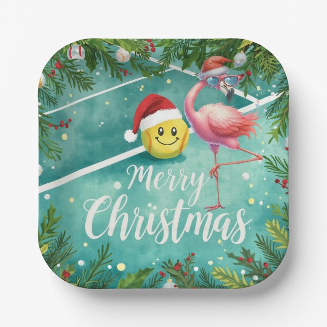 Assiettes En Carton Tennis Christmas with Flamingo themed  (Recto)