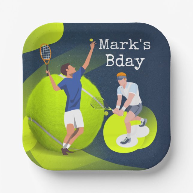 Assiettes En Carton Tennis Joueur de tennis d'anniversaire avec raquet (Recto)