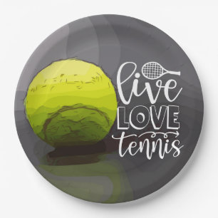 Assiettes En Carton Tennis Live Love Tennis avec balle sur noir