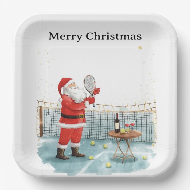 Assiettes En Carton Tennis Noël thème PÈRE NOËL jouer au tennis (Recto)