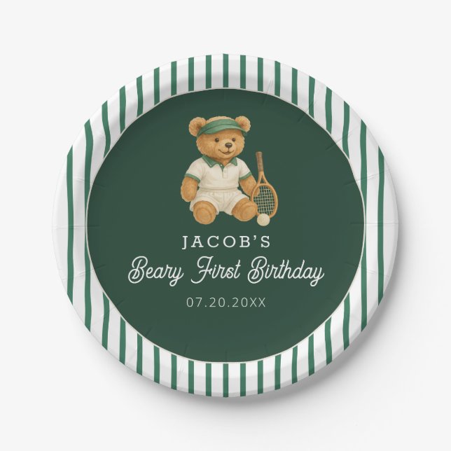 Assiettes En Carton Tennis Preppy Bear 1er anniversaire (Devant)