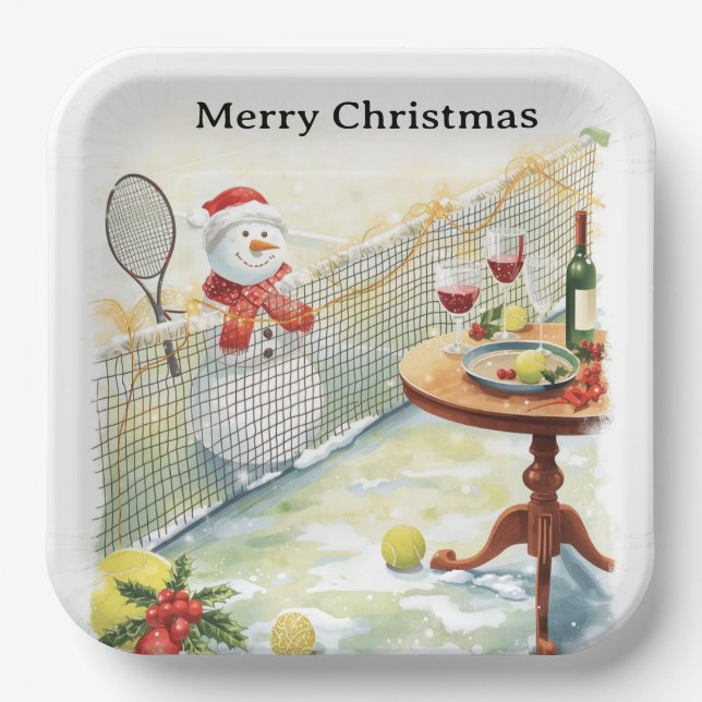 Assiettes En Carton Tennis thème Noël Snowman jouer au tennis (Recto)