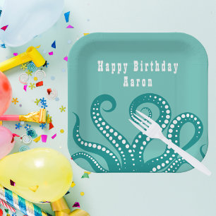 Assiettes En Carton Tentacles d'octopus blanc et aqua personnalisés