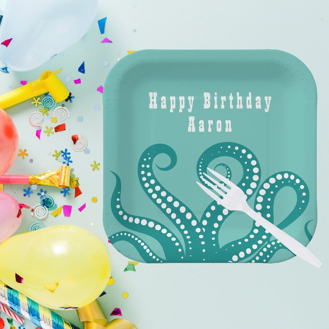 Assiettes En Carton Tentacles d'octopus blanc et aqua personnalisés (Créateur téléchargé)