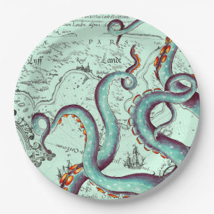Assiettes En Carton Tentacles Turquoises Sur Une Carte Vintage Turquoi