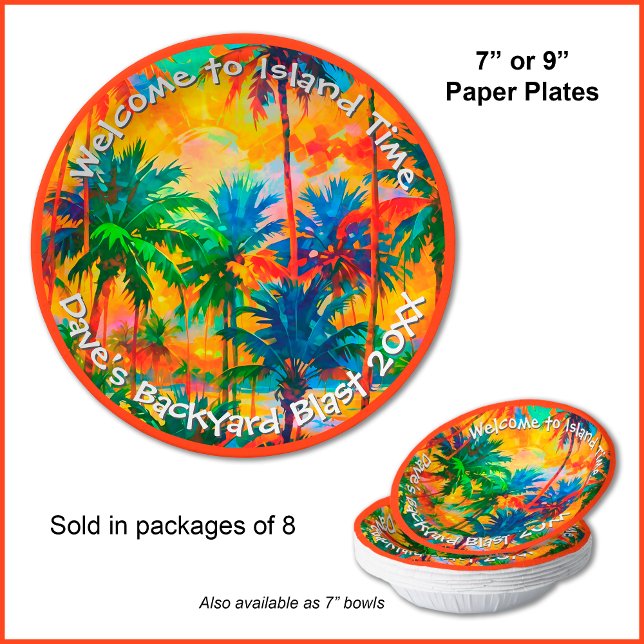 Assiettes En Carton [Tequila Sunrise] Tropical Island Time Party (You can customize the optional text and choose your own border color.)