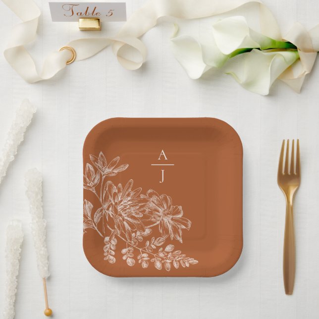 Assiettes En Carton Terra Cotta Monogram Carré Floral (Mariage)