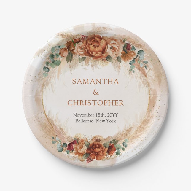 Assiettes En Carton Terracotta orange brûlée et arche feuillage vert (Devant)