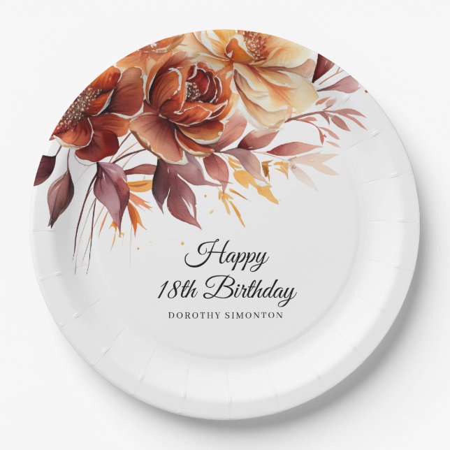 Assiettes En Carton Terracotta Orange Fall Flowers 18e anniversaire (Devant)