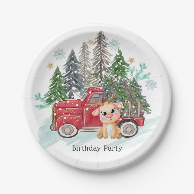 Assiettes En Carton Terrain d'hiver Camion et bébé Rudolph Fête d'anni (Devant)