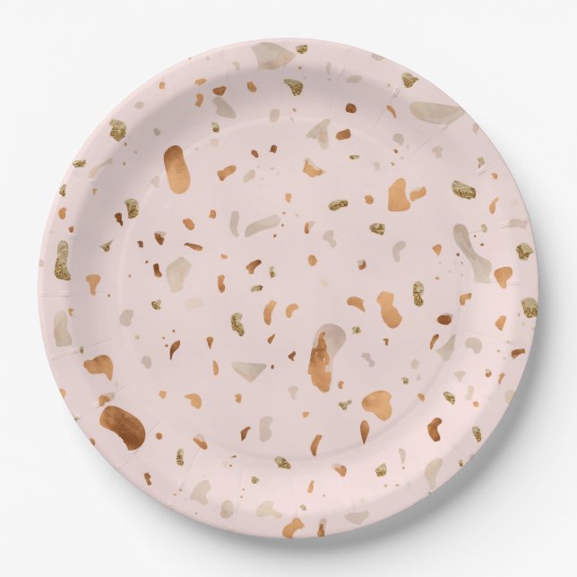 Assiettes En Carton Terrazzo Rose Blush Avec Spots De Cuivre Or (Devant)