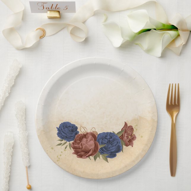 Assiettes En Carton terre cuite bleu marine floral vert (Mariage)