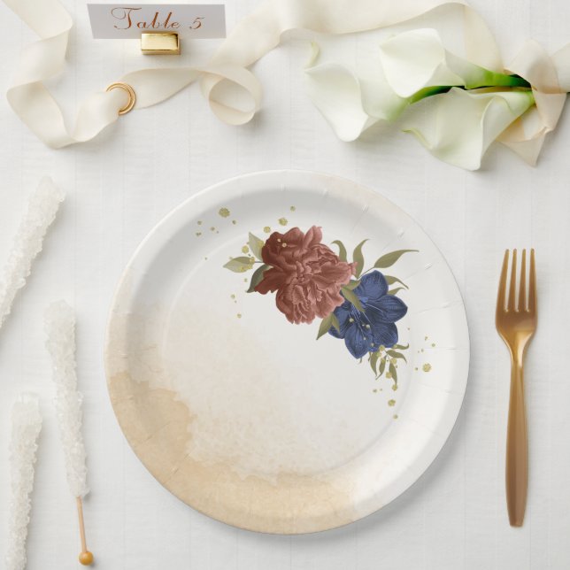 Assiettes En Carton terre cuite bleu marine floral vert (Mariage)