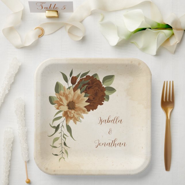 Assiettes En Carton terre cuite rustique verdure fleurie (Mariage)