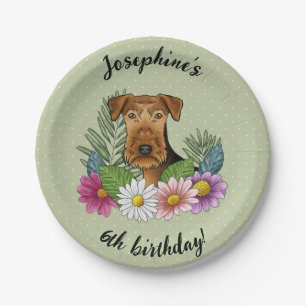 Assiettes En Carton Terrier Airedale Fleurs Colorées Joyeux Anniversai