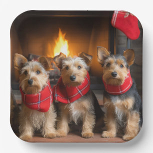 Assiettes En Carton Terrier Australien au coin du feu de Noël