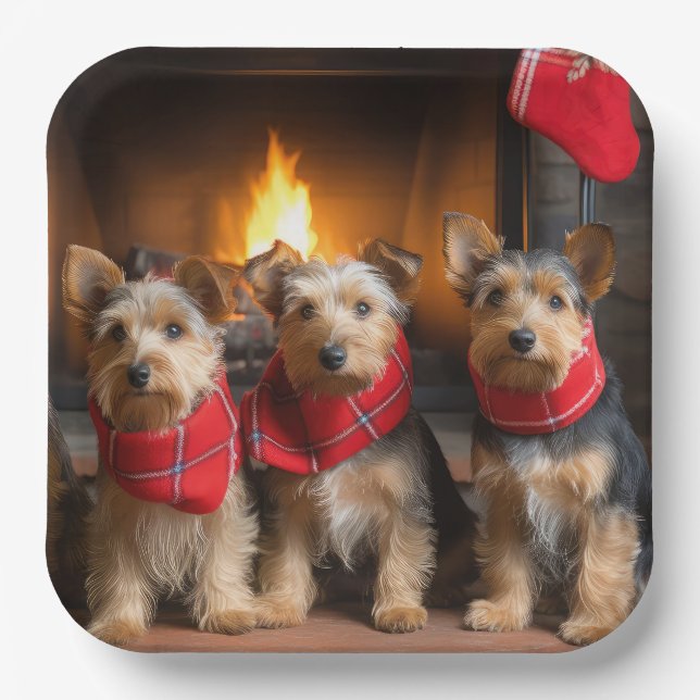 Assiettes En Carton Terrier australien près du feu Noël (Recto)