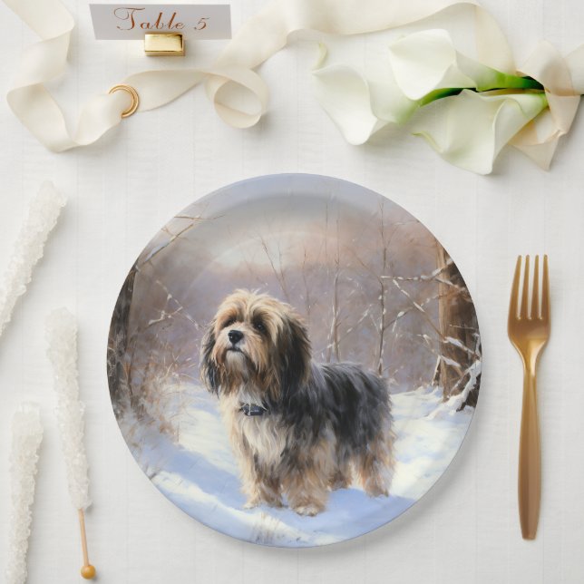 Assiettes En Carton Terrier Tibétain Laissons Il Neige Noël (Mariage)