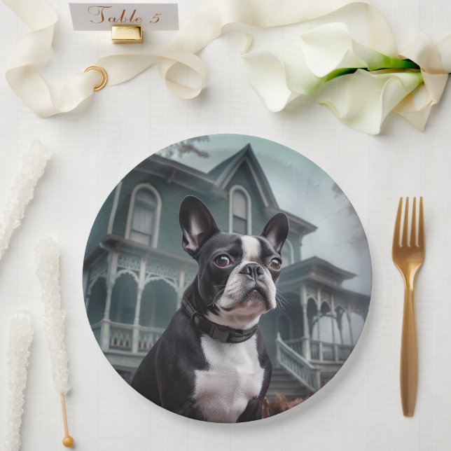Assiettes En Carton Terror Halloween Terrier de Boston (Mariage)