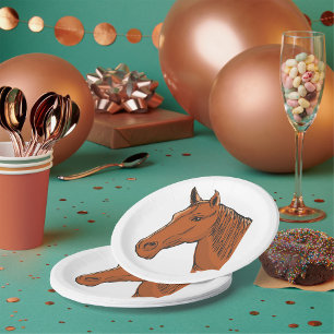 Assiettes En Carton Tête de cheval marron ferme animal