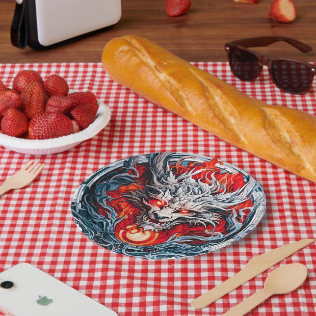 Assiettes En Carton Tête de dragon mythique de la flamme rouge (Pique-nique)