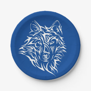Assiettes En Carton Tête de loup blanc sur bleu