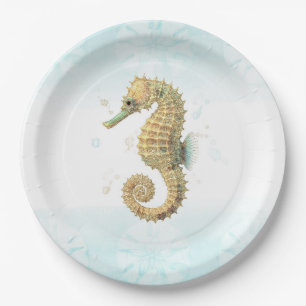 Assiettes En Carton Tétras licorne sarcelle et or aquarelle plage côti