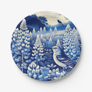 Assiettes En Carton Texas Bluebonnets et Northern Mockingbird Texan