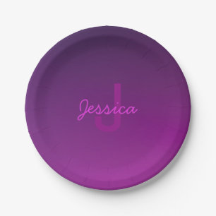 Assiettes En Carton Texte Monogrammé Moderne Éditable & Ombre Violet